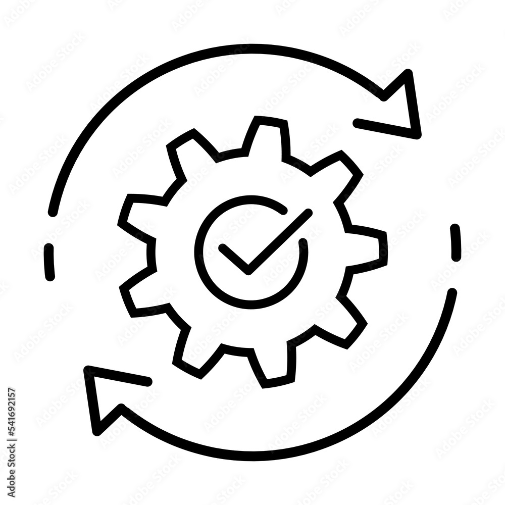 Gear with check mark and arrows thin line icon. Successful operation or project symbol. Effective integration sign Simple icon in black Vector illustration for graphic design, Web, app, UI, mobile app Gear with check mark and arrows thin line icon. Successful operation or project symbol. Effective integration sign Simple icon in black Vector illustration for graphic design, Web, app, UI, mobile app