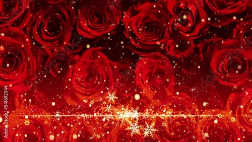 バラの背景に雪の結晶とキラキラが舞う