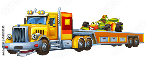 cartoon tow truck driving with load other car illustration