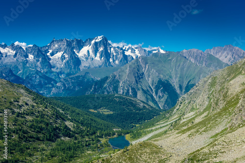 Beautiful valley of the Arpy Lake in front of the Mont Blanc, Italy