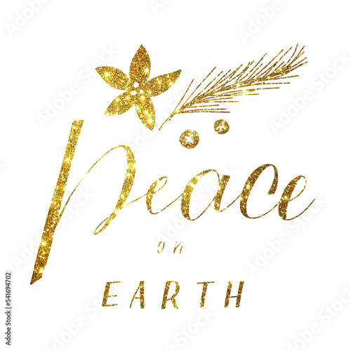 Holiday christmas card, made hand lettering Peace on earth. Greeting of season. Motivational background. Inspirational christian poster. Gold symbol