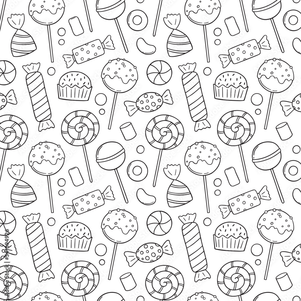 Seamless pattern of sweets and candies doodle. Lollipop, caramel, marshmallow in sketch style.  Hand drawn vector illustration.