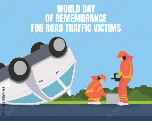 illustration vector graphic of officers helping accident victims, showing an overturned car on the road, perfect for international day, remembrance for road traffic victims, celebrate, greeting card.