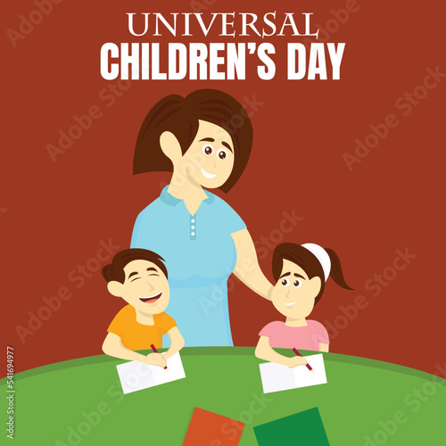 illustration vector graphic of mother is accompanying her two children studying at the table, perfect for international day, universal children's day, celebrate, greeting card, etc.