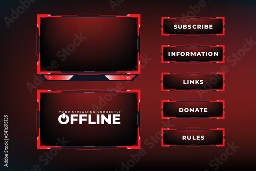 Modern gaming overlay and screen panel vector design with red color. Live streaming overlay design on a dark background. Broadcast gaming border design with buttons. Abstract gaming screen interface.