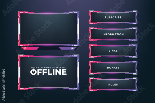 Digital screen interface and border design for online gamers. Abstract gaming overlay decoration with white, pink, and purple colors. Futuristic streaming overlay with buttons and an offline screen.