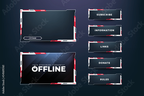 Gamer broadcast screen panel decoration with red and white colors. Futuristic gaming screen interface design for live gamers. Abstract streaming overlay and screen border template vector.