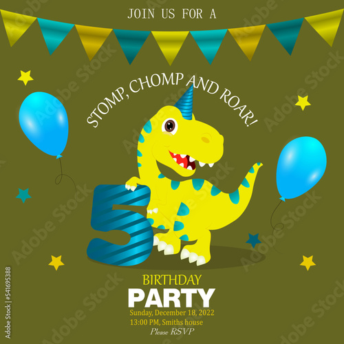 Happy birthday card with a cute dino and balloons