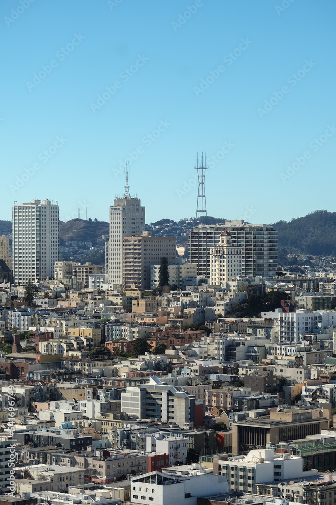 Panoramic scenic aerial view over San Francisco Bay Area with Golden Gate Bridge, downtown skyline cityscape and Alcatraz island sailing boats yachts harbor landmark sights Tower scenery