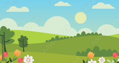 green garden background with fresh cartoon flowers and trees