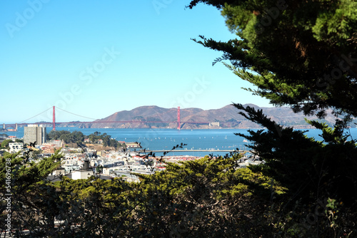 Panoramic scenic aerial view over San Francisco Bay Area with Golden Gate Bridge, downtown skyline cityscape and Alcatraz island sailing boats yachts harbor landmark sights Tower scenery