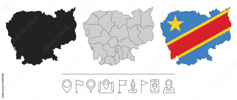 Set of different Democratic Republic of the Congo maps with national flag. Navigation line icons. Vector illustration.