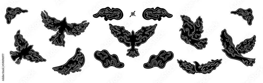 Bird flying tattoo silhouette vector set. pigeon and dove. Biology hand drawn logo.Flock of birds ornament.white lines
