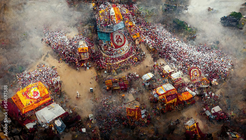 AI generated image of aerial view of the annual grand Rath yatra or car festival of Lord Jagannath at Puri, Orissa, India	 photo