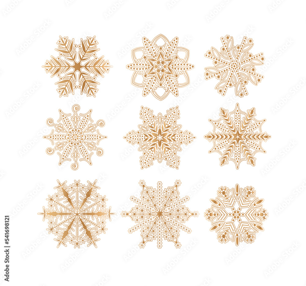 Set of 9 golden snowflakes isolate on white background Set of 9 golden snowflakes isolate on white background