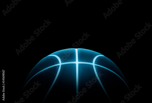 3D rendering of single black basketball with bright blue glowing neon lines sitting in completely black surroundings © Retouch man