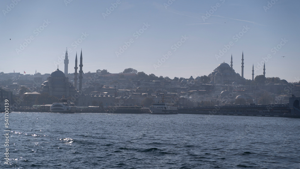
a fairytale view of Istanbul, a sunny afternoon. seagulls, sea, sun and historical buildings