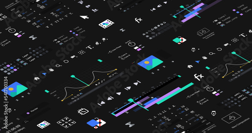 Isometric dark background software windows for a motion designer. Variety of graphical interfaces
