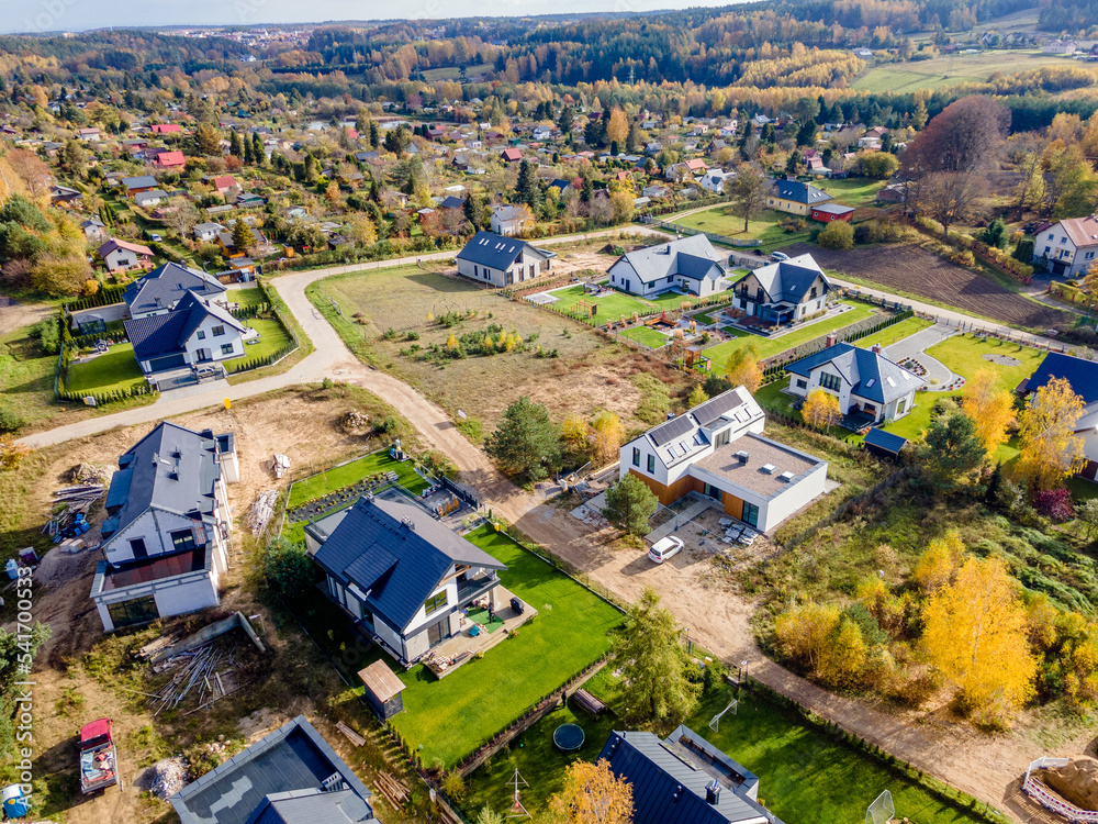 a newly built estate of single-family houses, a view from the air
