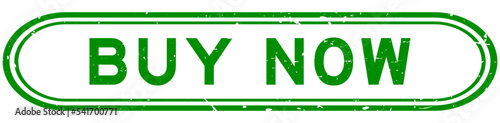 Grunge green buy now word rubber seal stamp on white background