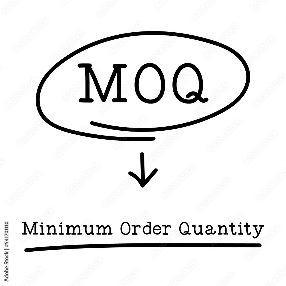 Letter of abbreviation MOQ in circle and word Minimum Order Quantity on white background