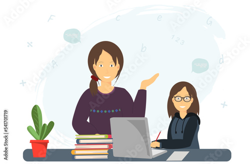 A woman and girl study lessons at the laptop, mother and daughter sitting at the computer, online education, home education concept, flat vector illustration