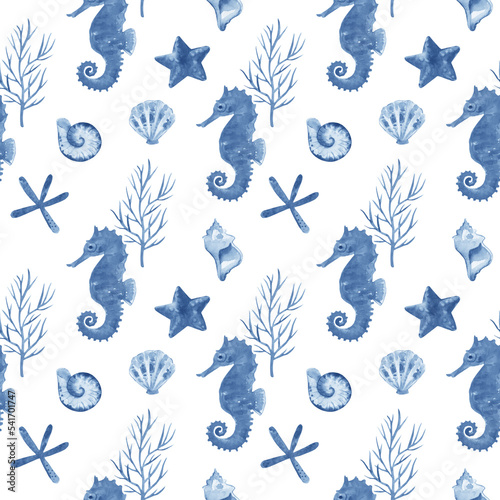 Watercolor seamless pattern with sea ​​horse and shells blue color