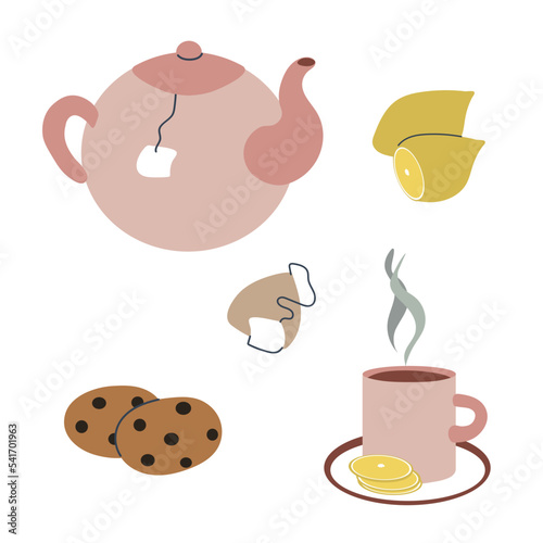 Tea time elements set vector illustration. Pink teapot and cup, tea bag, lemon and cookies. Simple flat cartoon elements isolated on white background. Warm neutral palette