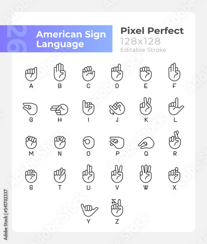 Letters in American sign language pixel perfect linear icons set. Customizable thin line symbols. Isolated vector outline illustrations. Editable stroke. Montserrat Bold, Light fonts used