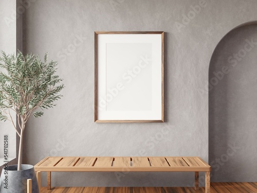 Mock up poster frame on wall in modern interior background, living room. Warm and Cozy style. 3D rendering.