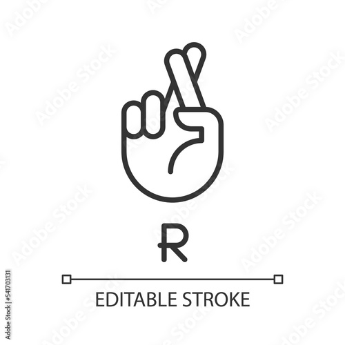 Letter R in American sign language pixel perfect linear icon. Connecting gestures. Communication. Thin line illustration. Contour symbol. Vector outline drawing. Editable stroke. Arial font used