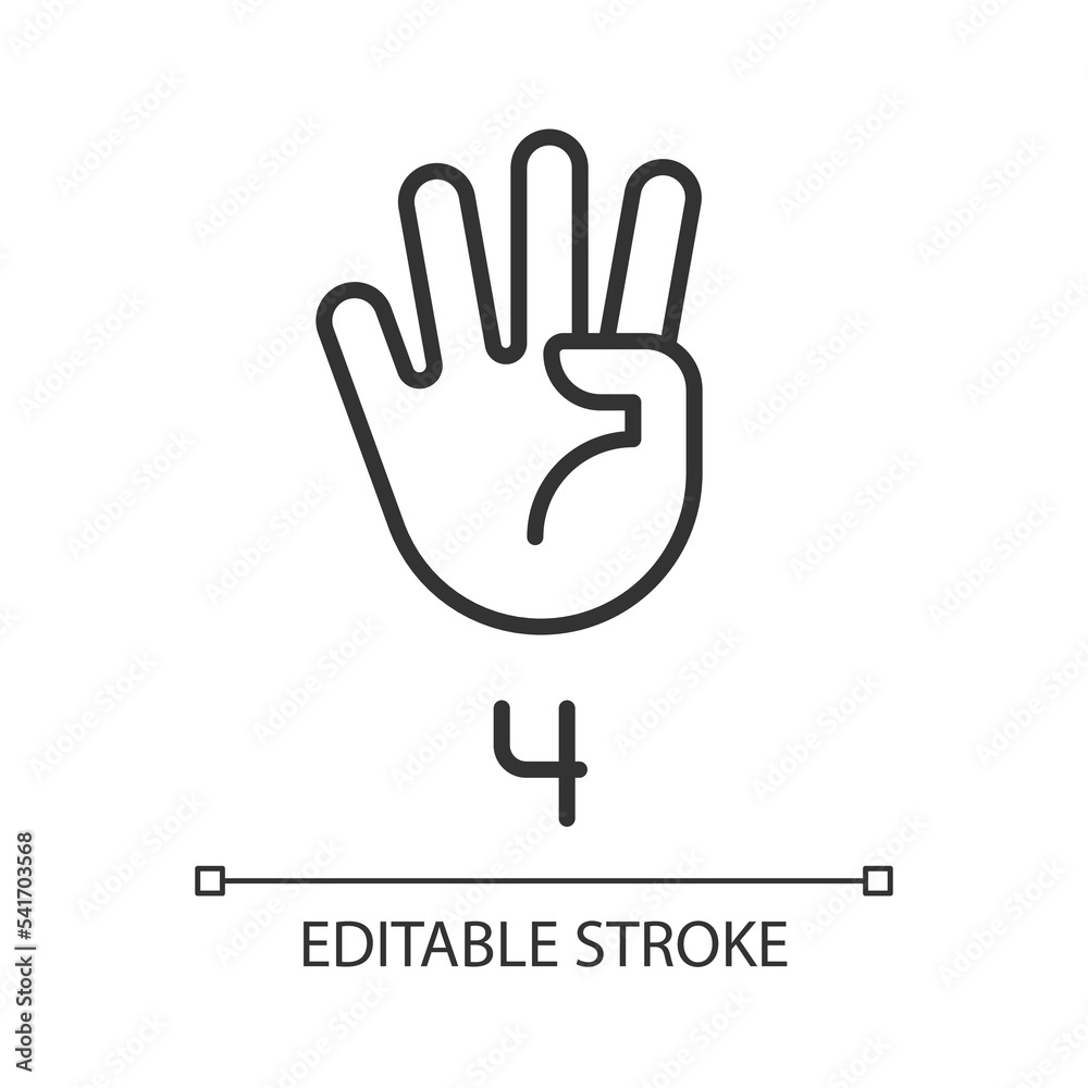 Digit four sign in ASL pixel perfect linear icon. Nonverbal communication performing. Modality. Thin line illustration. Contour symbol. Vector outline drawing. Editable stroke. Arial font used