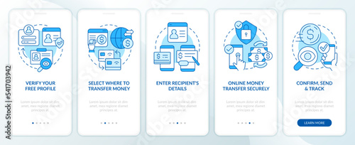 Transferring funds blue onboarding mobile app screen. Digital wallet walkthrough 5 steps editable graphic instructions with linear concepts. UI, UX, GUI template. Myriad Pro-Bold, Regular fonts used