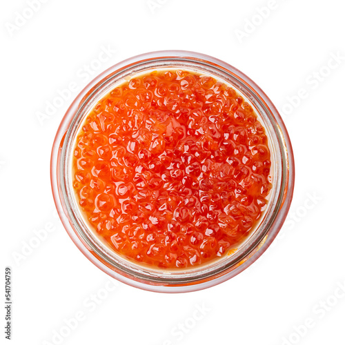 Salmon red caviar jar isolated on white background.  Raw seafood. Luxury delicacy food. File contains clipping path.
