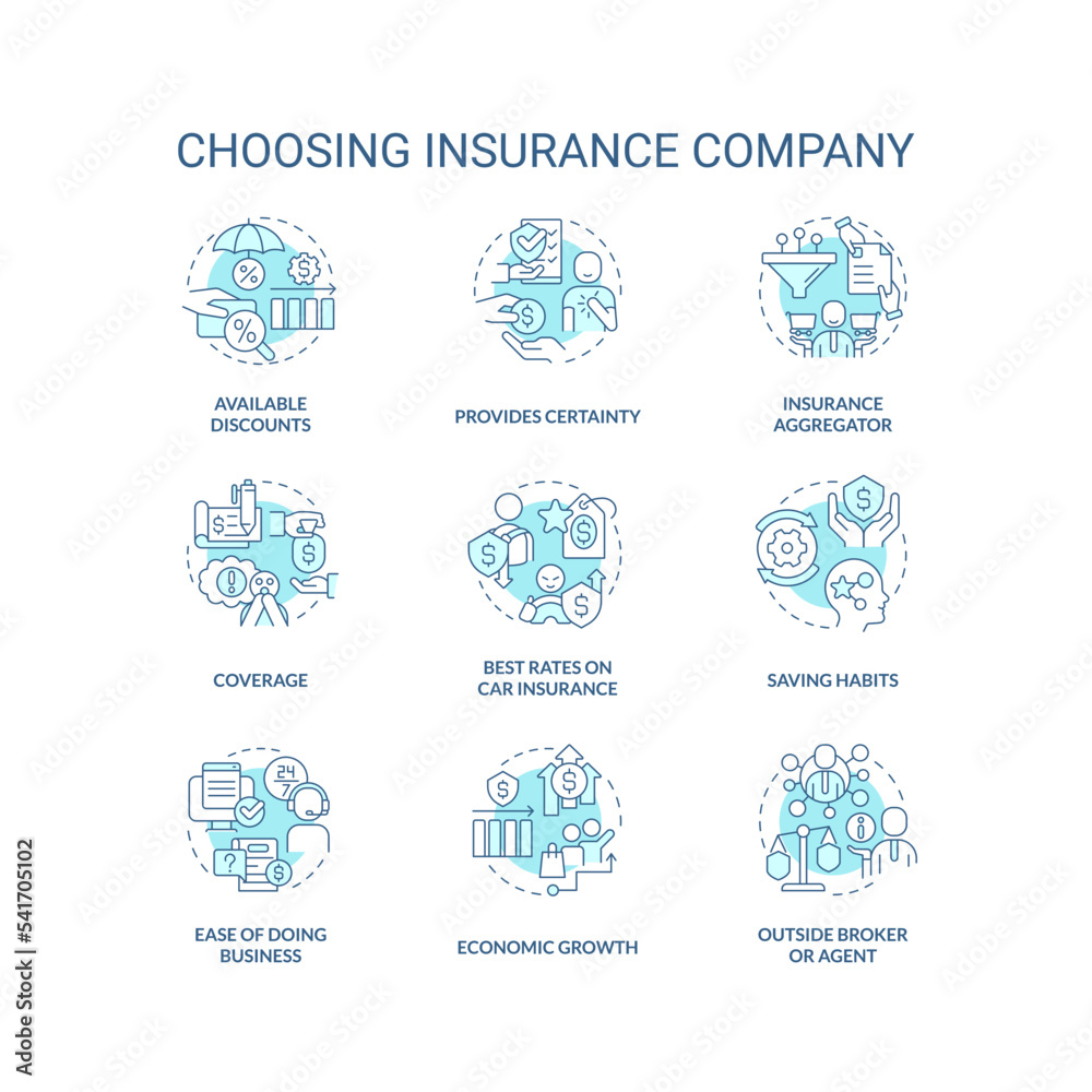 Choosing insurance company turquoise concept icons set. Business protection. Coverage idea thin line color illustrations. Isolated symbols. Editable stroke. Roboto-Medium, Myriad Pro-Bold fonts used