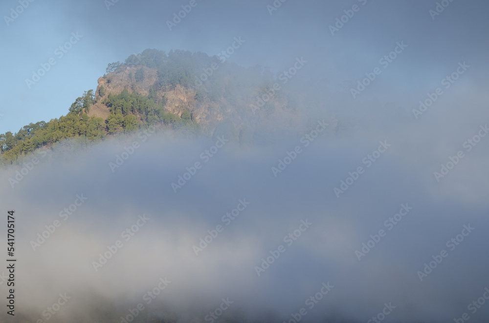 Alsandara Mountain in the fog. Integral Natural Reserve of Inagua. Tejeda. Gran Canaria. Canary Islands. Spain.