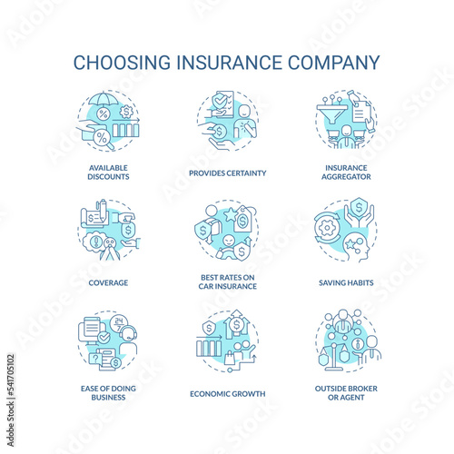 Choosing insurance company turquoise concept icons set. Business protection. Coverage idea thin line color illustrations. Isolated symbols. Editable stroke. Roboto-Medium, Myriad Pro-Bold fonts used