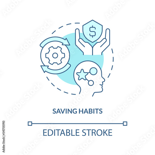 Saving money habits turquoise concept icon. Insurance policies pros. economy literacy abstract idea thin line illustration. Isolated outline drawing. Editable stroke. Arial, Myriad Pro-Bold fonts used