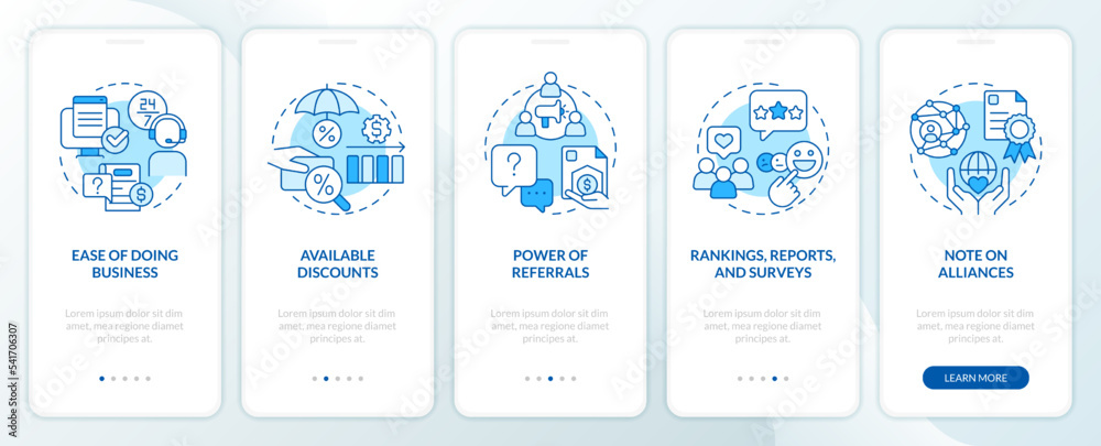 Coverage company choice blue onboarding mobile app screen. Walkthrough 5 steps editable graphic instructions with linear concepts. UI, UX, GUI template. Myriad Pro-Bold, Regular fonts used
