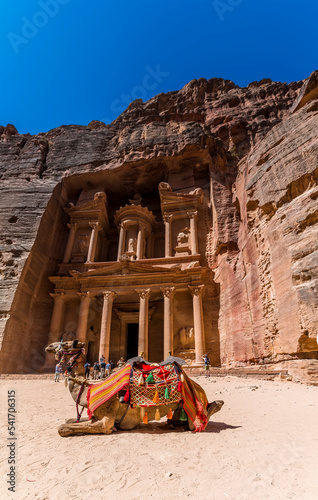 A view of a camel in front of the Treasury building in the ancient city of Petra, Jordan in summertime