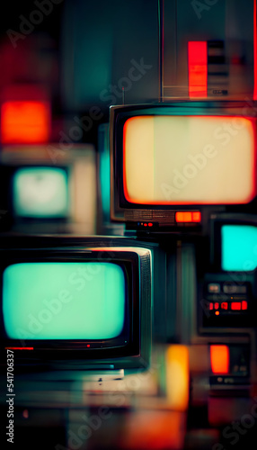 TV screen sets in a store, futuristic image with colours. 