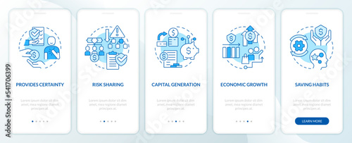 Advantages of insurance services blue onboarding mobile app screen. Walkthrough 5 steps editable graphic instructions with linear concepts. UI, UX, GUI template. Myriad Pro-Bold, Regular fonts used