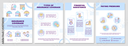 Insurance coverage blue brochure template. Protection of risk. Leaflet design with linear icons. Editable 4 vector layouts for presentation, annual reports. Arial-Black, Myriad Pro-Regular fonts used