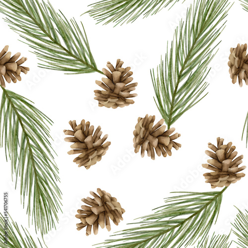 Watercolor pine cone fir christmas tree branch Seamless Pattern