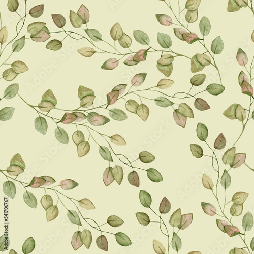 Watercolor Hand Drawn Dry Leaves Boho Branches Seamless Pattern