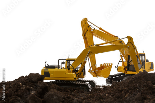 Two crawler excavators are digging the soil in the construction site on white background,With bucket lift up