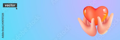 Hand holding a heart on modern gradient background. Realistic vector 3D design in cartoon style.