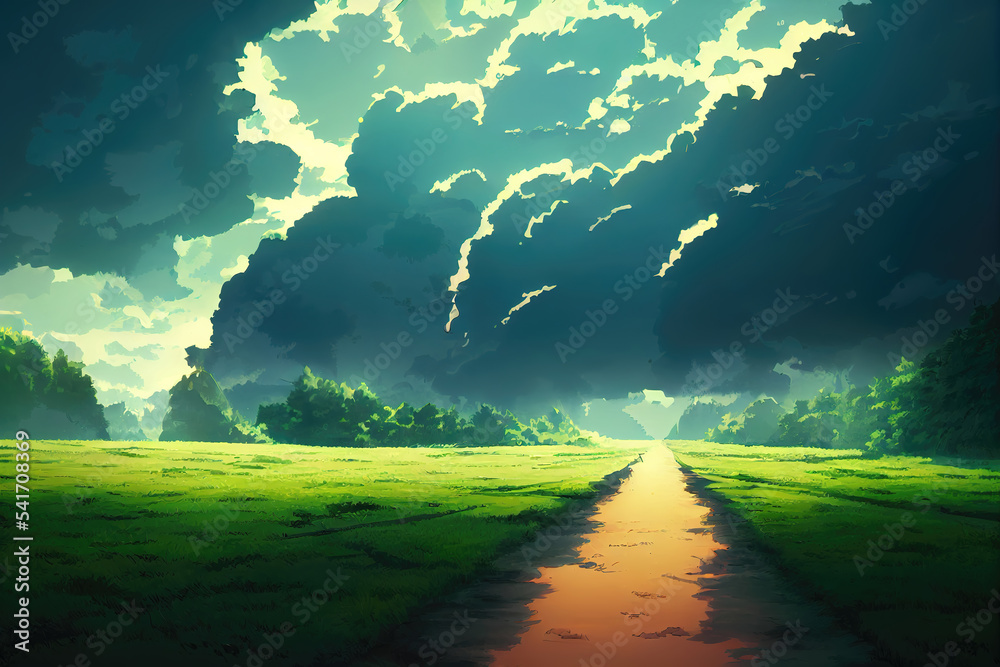 Obraz premium an unexplored road to nowhere, painted in anime style with clouds and a big field