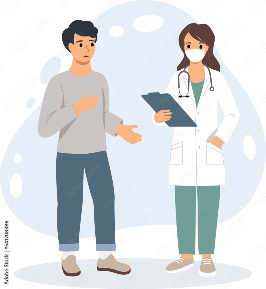 Vector illustration of a doctor consultation in a mask with a sad patient. Therapist in a white coat. Modern medical services and consultation concept. Vector illustration in flat style. Vector illustration of a doctor consultation in a mask with a sad patient. Therapist in a white coat. Modern medical services and consultation concept. Vector illustration in flat style.