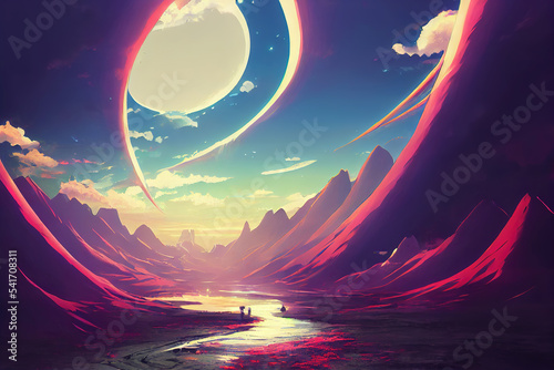 a fantasy colorful sci fi landscape with a river and mountains
